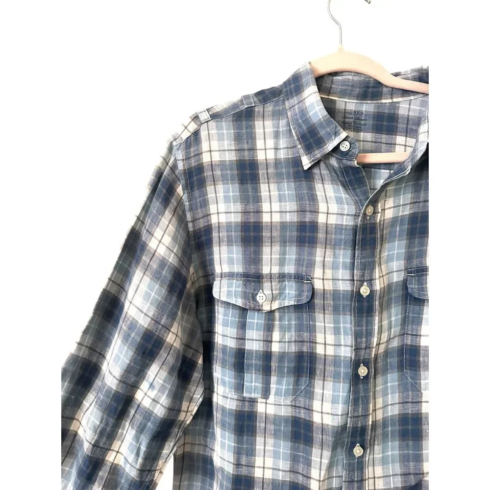JCREW Irish Linen Plaid‎ Button Down Blue Large